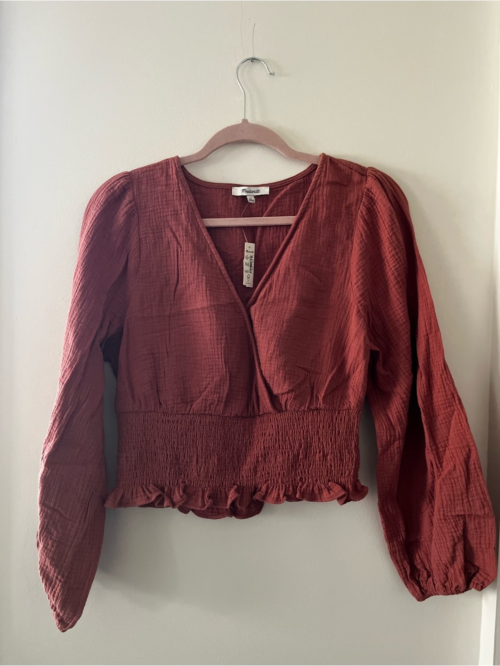 NWT Madewell Rust Red Smocked-Waist V-Neck Blouse Peasant Cottagecore